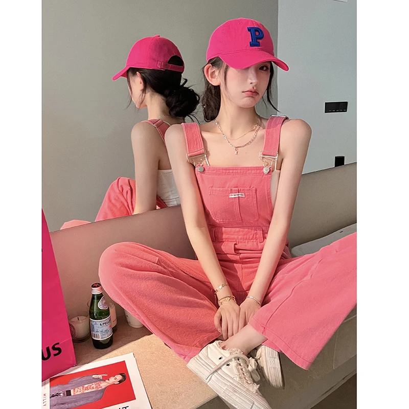 Vintage Cotton Elegant Pink Denim Jumpsuit Women Sleeveless Fashion Hipster Casual High Street Wide Leg Overalls Outfits Romper
