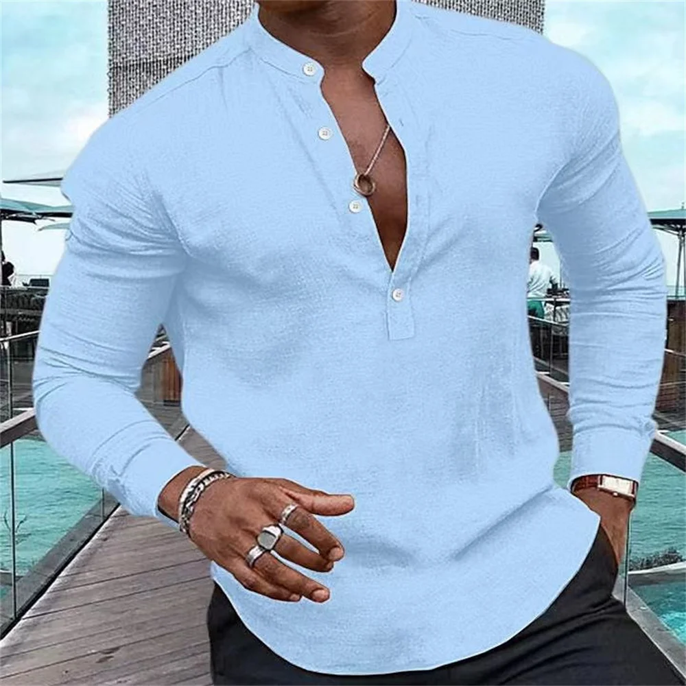 

2023 New Fashion Men's High Quality Shirt Henry Solid Half Open Button Standing Neck Muscle Men's Street Casual Top S-3XL