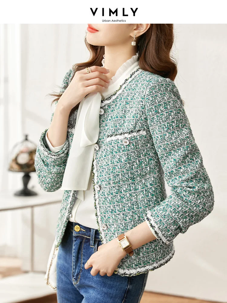 Vimly Elegant French Style Tweed Jacket 2023 Spring Long Sleeve Round Neck Slim Fit Short Coat New In Outwear Tops Clothes V7618