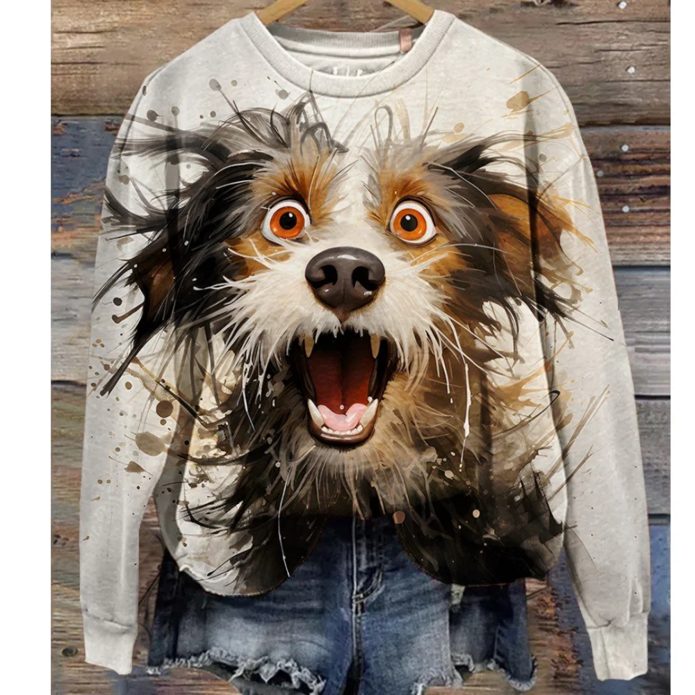 

Cute Puppy Print Sweater For Women's Long Sleeve T-Shirt Oversized O Neck Pullover Casual Streetwear New Ladies Sweatshirt 2024