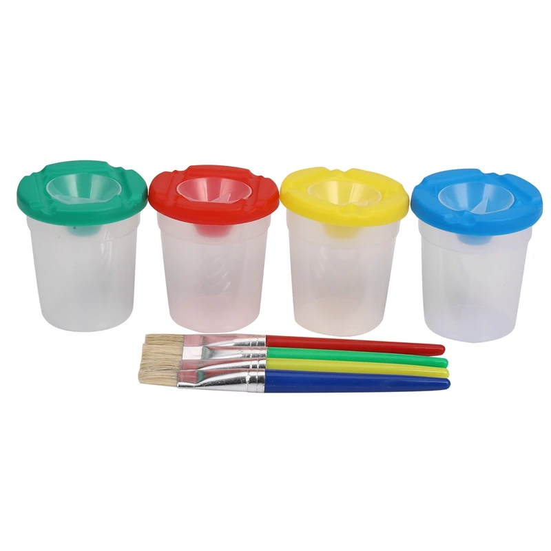 

4 Colors Spill-Proof Paint Bottles with Lids and 4 Pieces Assorted Colors Paint Brushes for Children