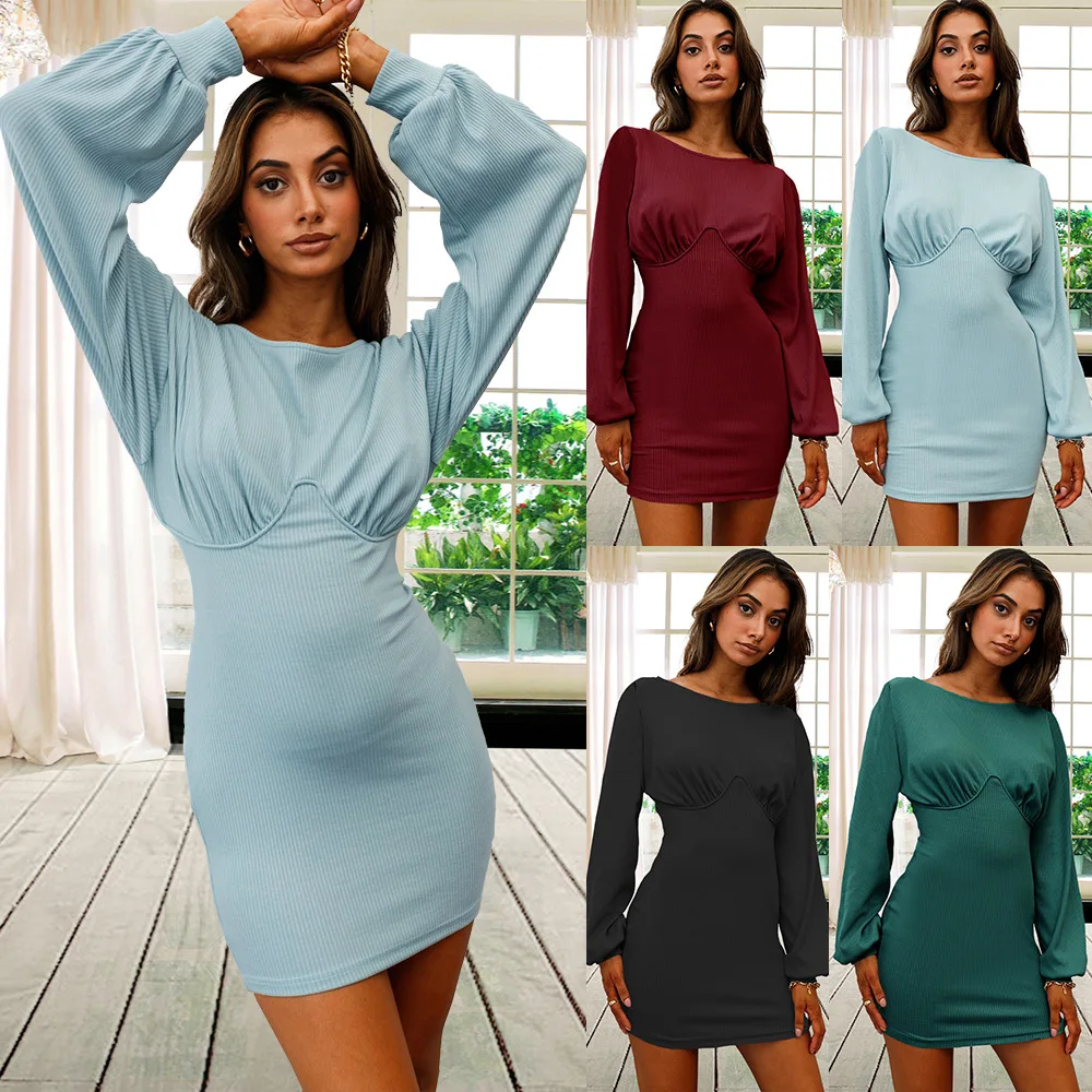 

2022 Autumn And Winter Women Knitted Base Long Sleeve Ribbed Sexy Slim Plus Size Skirt