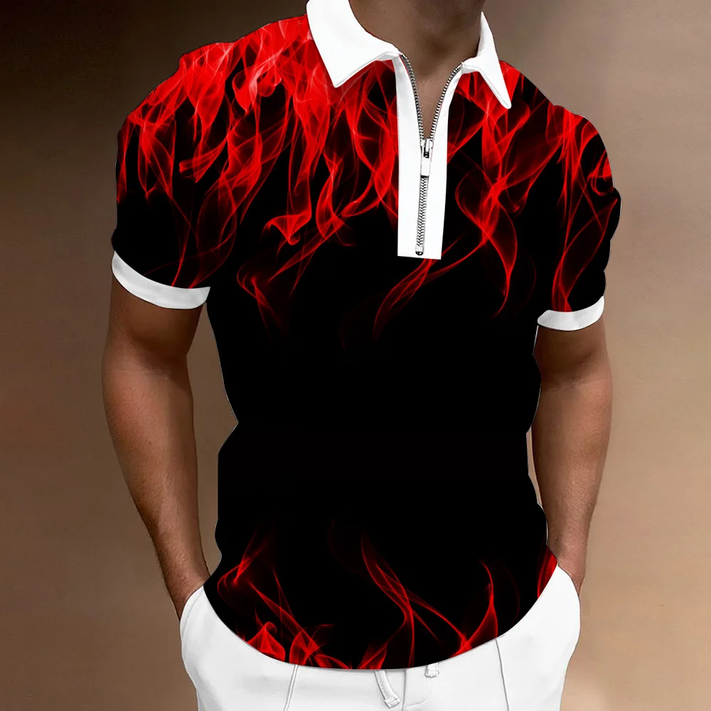 

KeKe 2022 Summer Men's Trend Polo Shirts Flame Print Pattern Shirt Short Sleeve T-Shirts Zip Lapel Polo Shirts Casual Streetwear
