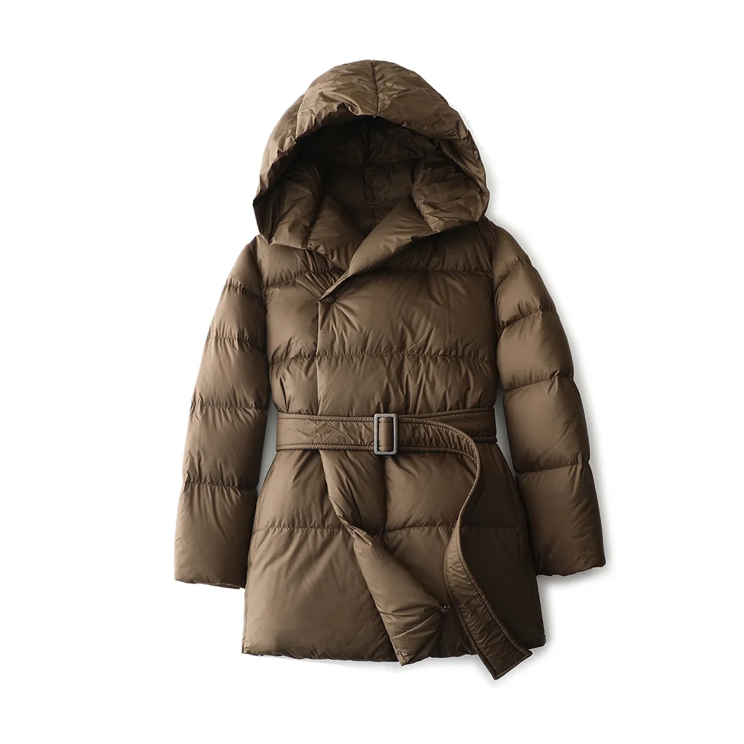 Down Jacket New National Standard 90 White Duck Down Hooded Belt Female One Hand Long Waist Thickening Fashionable Jacket