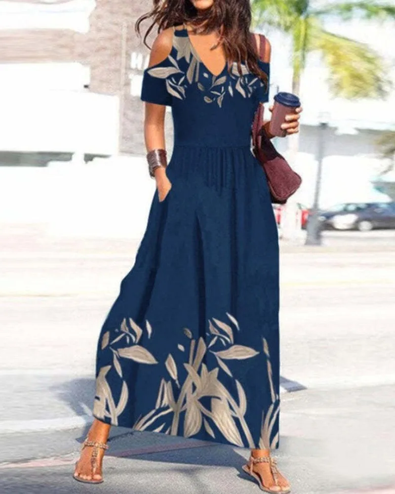

Women Dress Sexy Temperament Long A-word Flower Print V-neck Off-the-shoulder Short Sleeve Long Sleeve High Waist Pleated Dress