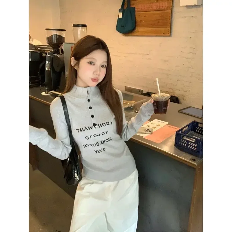 American High End Vintage Autumn Winter Pullovers Y2k Aesthetic Streetwear Harajuku Letter Print Sweaters Gray Base Girl Clothes