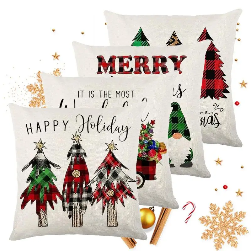 

Рождественские наволочки, набор из 4 гномов, рождественская елка, льняные подушки, простые наволочки, 18x18 дюймов