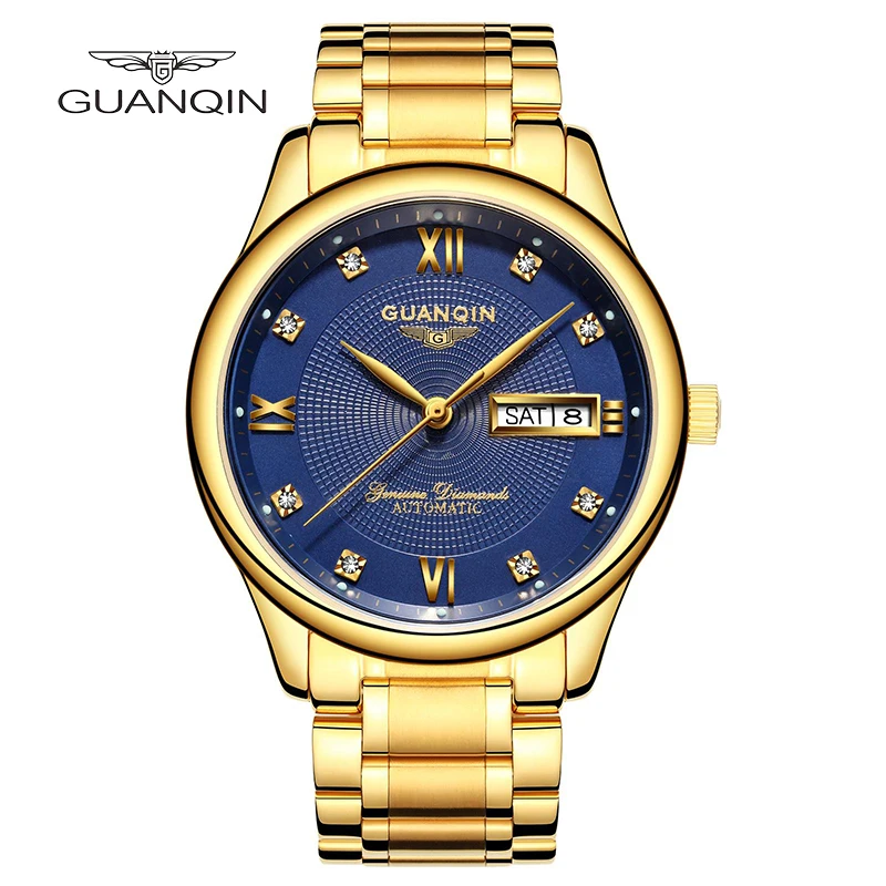 GUANQIN 40MM Analog Sapphire Men Automatic Mechanical Water Resistant Luminous Calendar Stainless Steel Strap Relogio Masculino