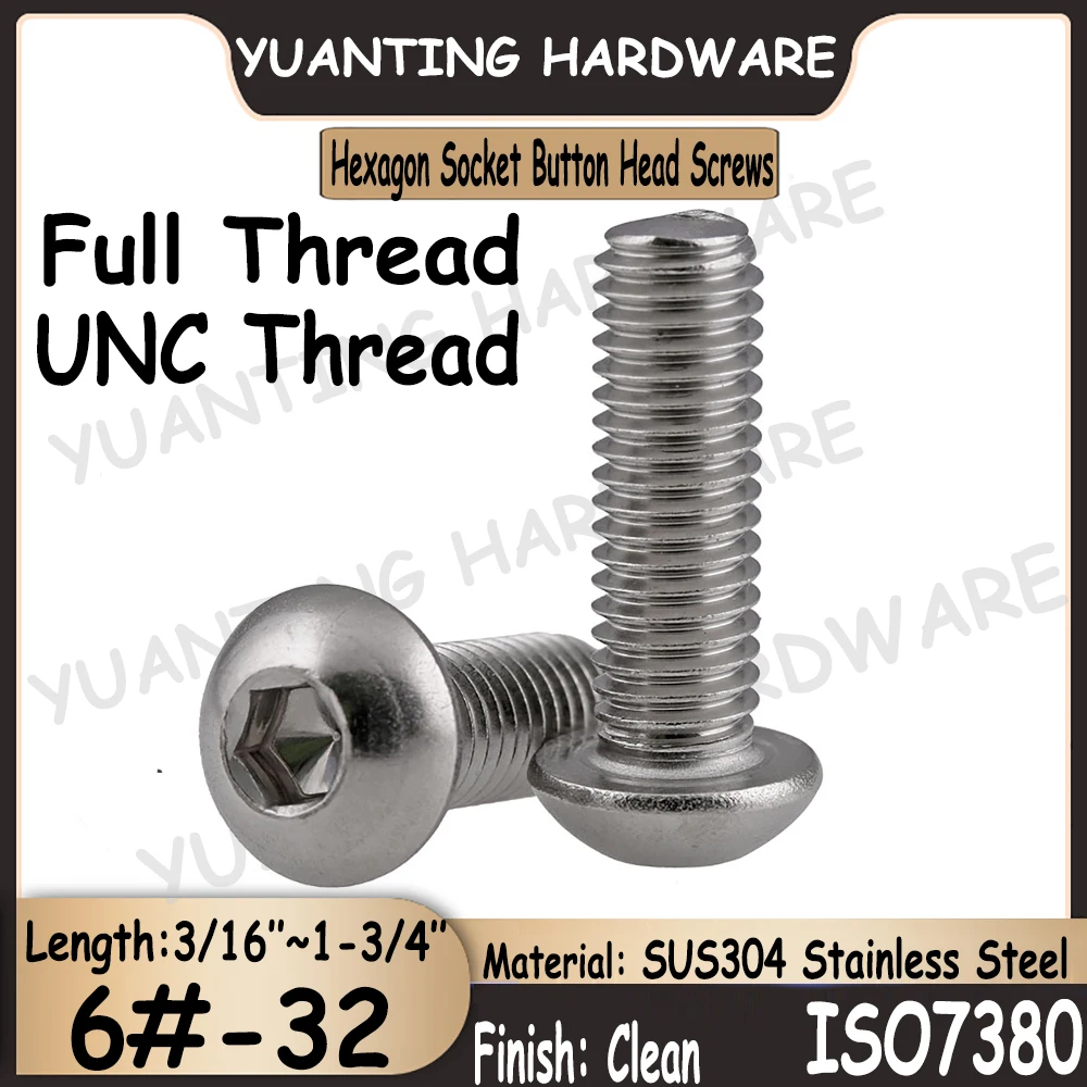 

25Pcs 6#-32x3/16''~1-3/4'' UNC Thread ISO7380 SUS304 Stainless Steel Hexagon Socket Button Head Screws Bolts with Full Thread