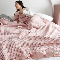 100 cotton soft bed plaid home japenese knitted blanket corn grain waffle embossed summer ruffles warm plaid throw bedspread