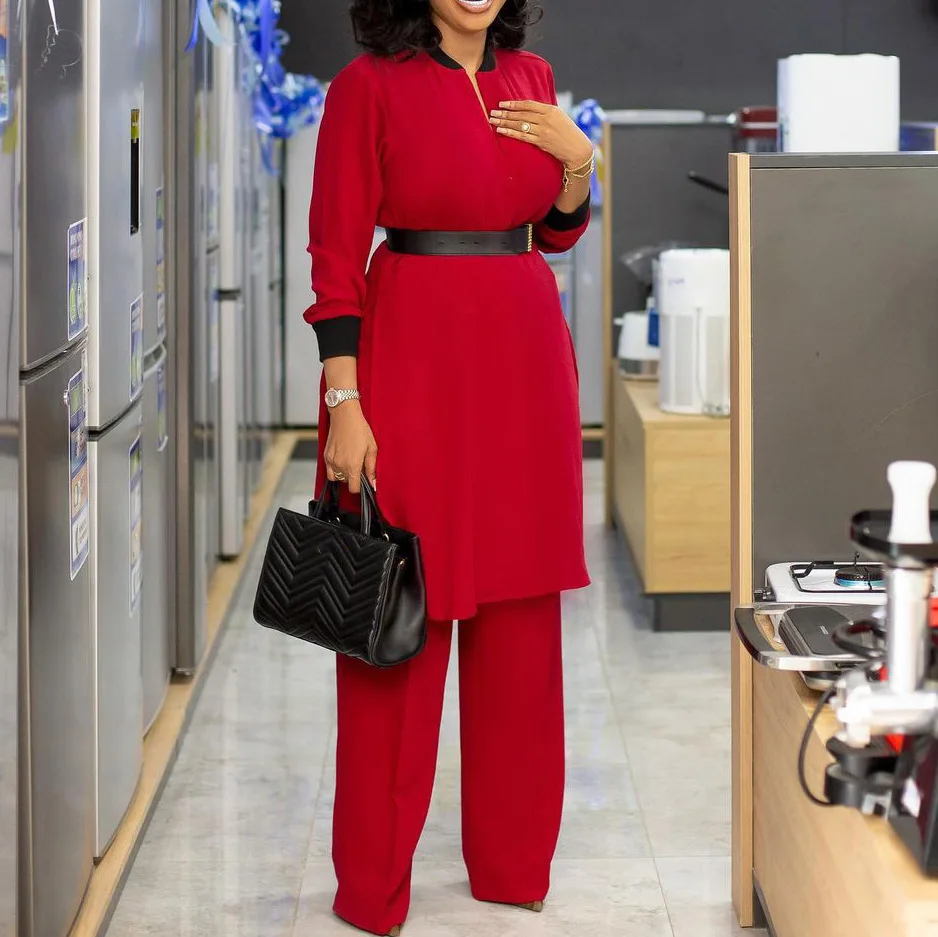 

2 Piece Set Suits New Women Long Belt Shirt Elegant Trousers Female Long Sleeve Blouse And Wide Leg Straight Pants Streetwear