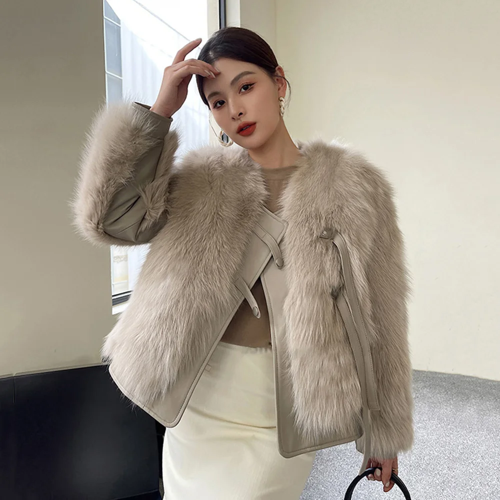 

New Women Real Fur Jacket Autumn Winter Fashion Young Style Fox Fur Splicing Sheepskin Double-faced Fur Coat Goose Down Liner
