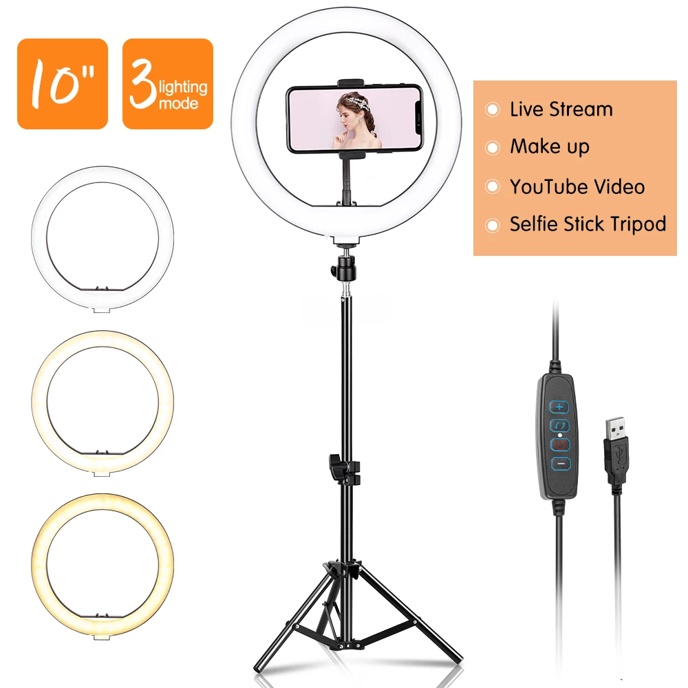 

Ring Light 10inch Large Selfie LED Video Lamp With Tripod Stand Phone Clip For YouTube Live Lighting Photo Photography Studio