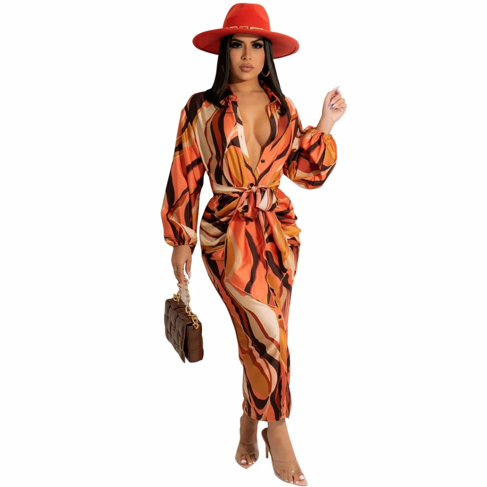 

African Dresses For Women Spring Autumn Long Sleeve Office Lady Shirt Maxi Dress Elegant Dashiki Print Robe Africa Clothing