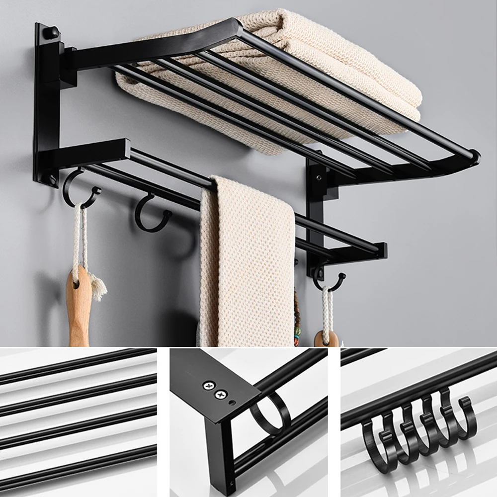towel holder wall mounted black aluminum surface shower bars hanger adjustable fold clothes rack with hooks bathroom accessories free global shipping