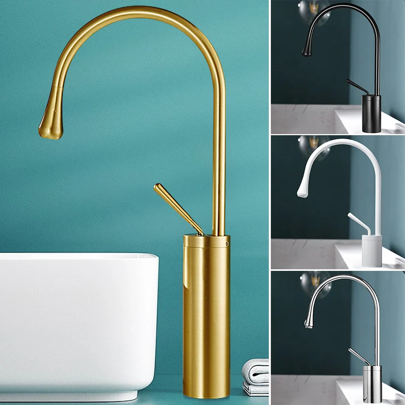 

Brushed Gold Copper Hot and Cold Water Faucet Water Drop Basin Washbasin Wash Basin Heightened Table Basin Single Hole Faucet
