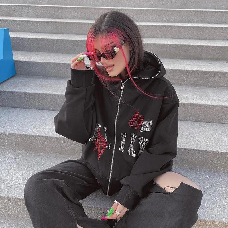 

Y2k Women Zip Up Hoodie Streetwear Skull Printed Long Sleeve Sweatshirts Gothic Punk Rhinestones Winter Female Hoodie Jackets