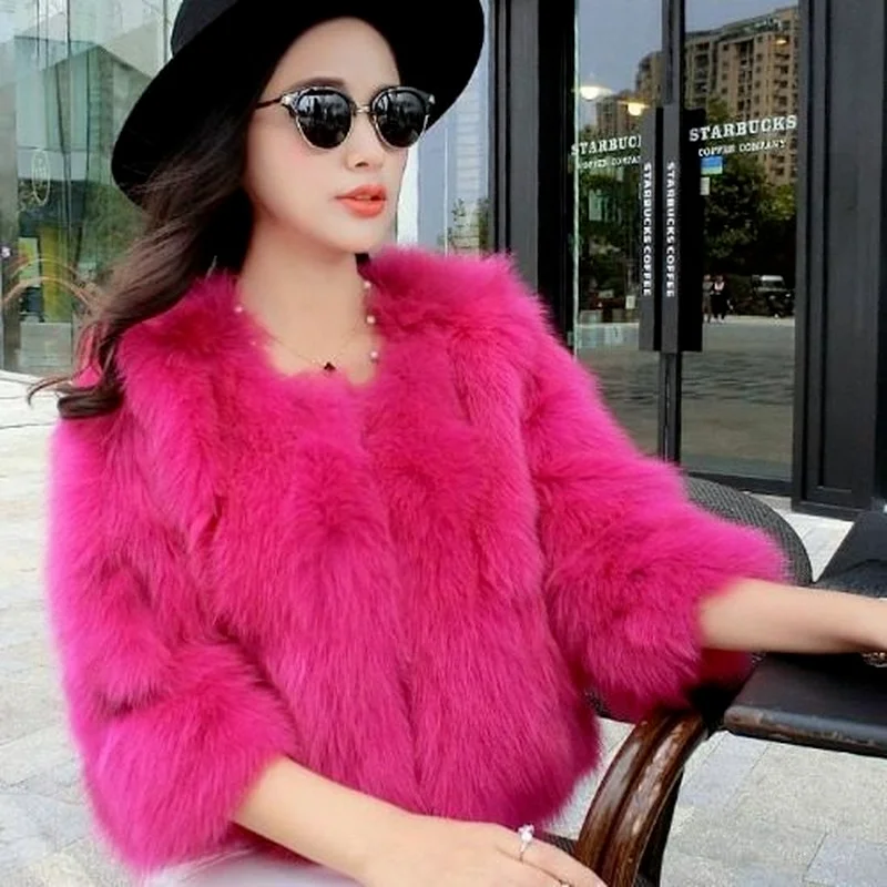 Imitation Fox Fur Warm Coats Women O-Neck Solid Colors Short Furry Coats Autumn Winter Thick Faux Fur Outcoats Fashion Outwears