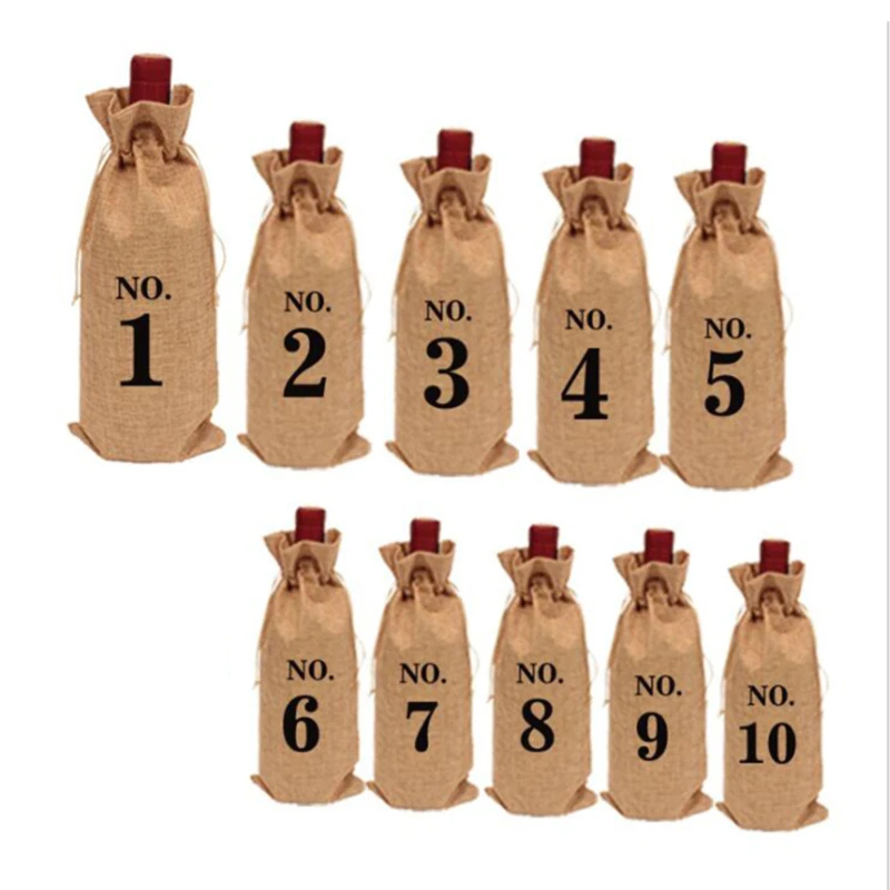 

Джутовые винные пакеты на шнурке, 10 шт., высокое качество, Hessian, пронумерованные подарочные пакеты для винных бутылок
