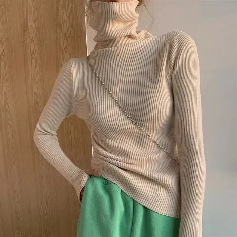

Women Turtleneck Knitting Sweaters Autumn Winter Fashion Slim Warm Stripe Pullover Tops Casual Soft All Match Solid Jumper