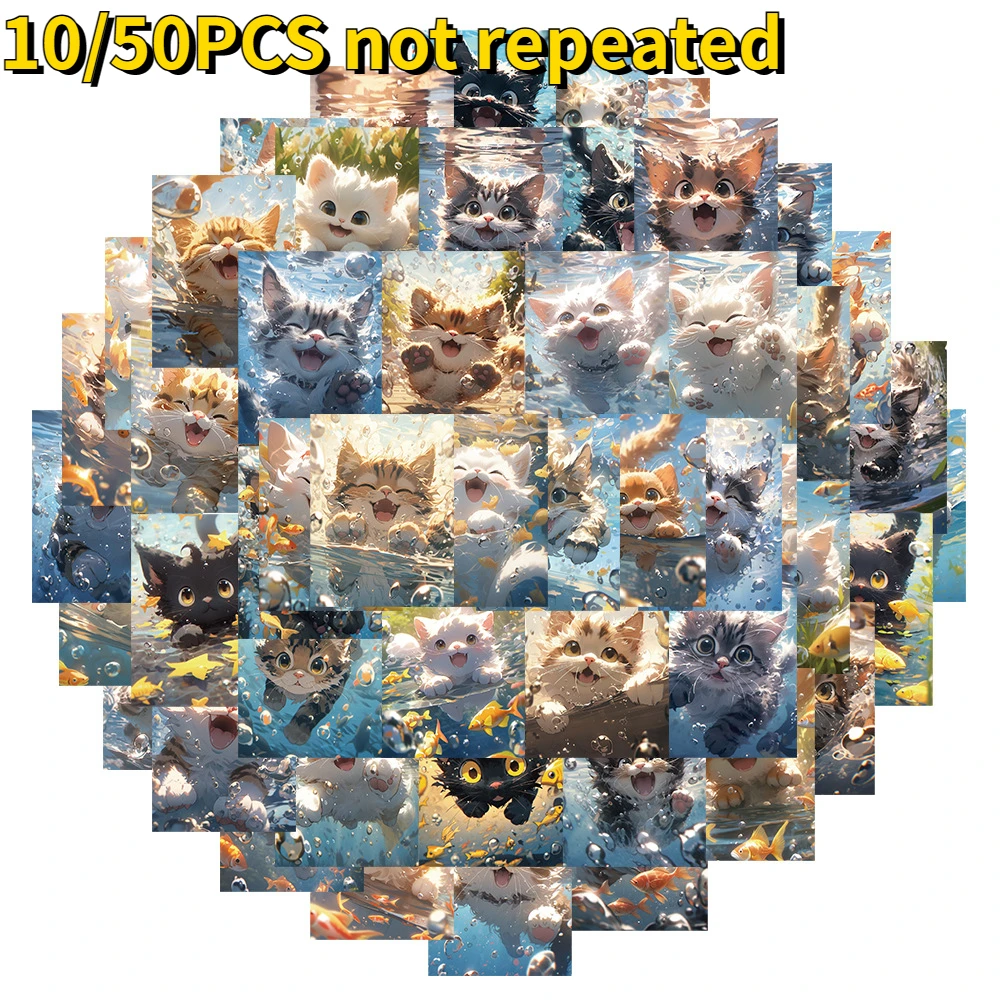 

10/50PCS Cartoon Cute Swimming Cat Graffiti Sticker DIY Phone Case Notebook Guitar Skateboard Waterproof Sticker