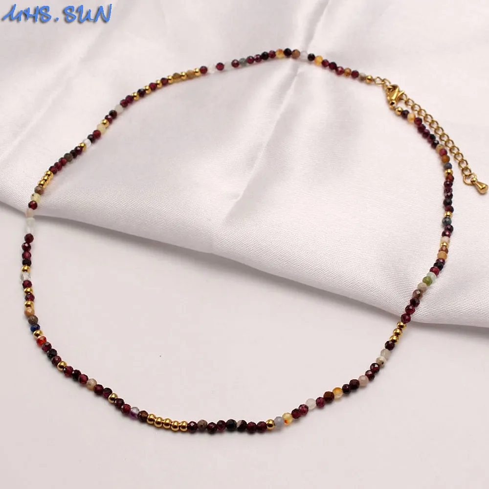 

MHS.SUN 1PC Fashion Colorful Natural Stone Beads Necklace Titanium Steel Clavicle Chain Women Jewelry Choker For Party Gift