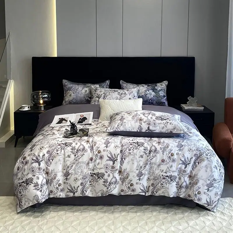 

Комплект постельного белья IvaRose HOME TEXTILE серый фиолетовый цветочный принт из хлопка 4 шт.