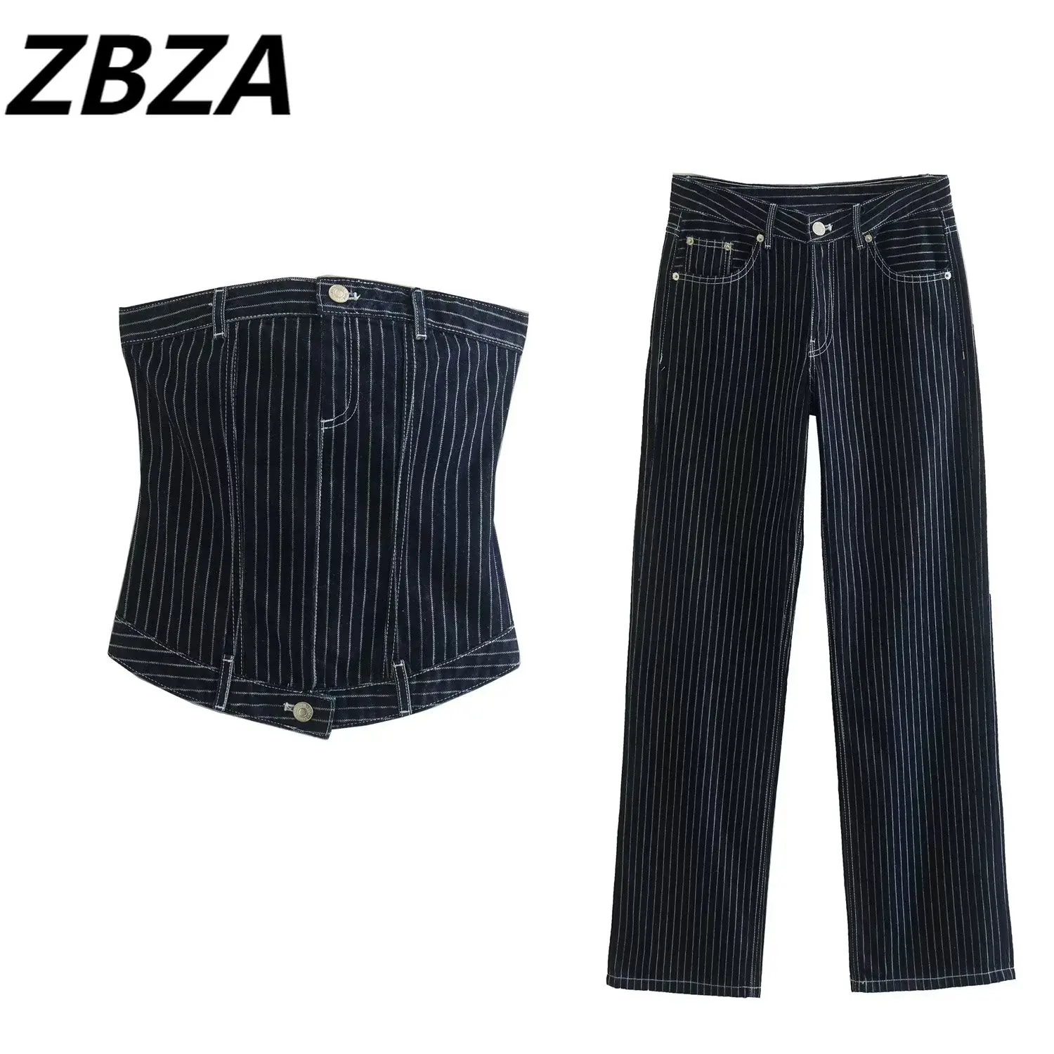 

ZBZA Set Women 2 Pieces 2023 New Fashion Summer Striped Cowboy Tops Vintage Striped Boyfriend Slacks Female Chic Tops
