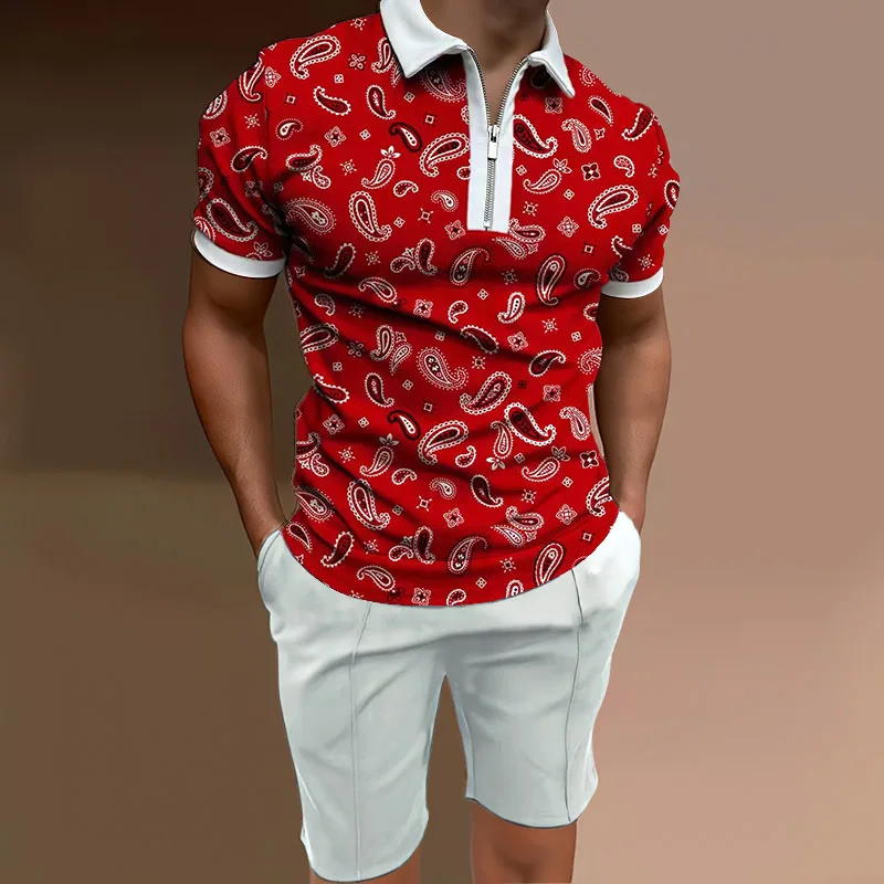 Summer New Hot Trend High Street Casual Sports Men's T-Shirt Short Sleeve Lapel Casual Stitching Solid Color Beach Suit