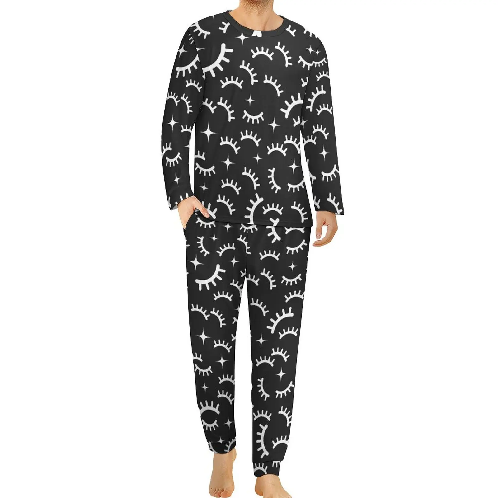 

Eyelashes Pajamas Male White And Black Kawaii Sleepwear Winter Long Sleeves 2 Pieces Sleep Graphic Pajamas Set Big Size 4XL 5XL