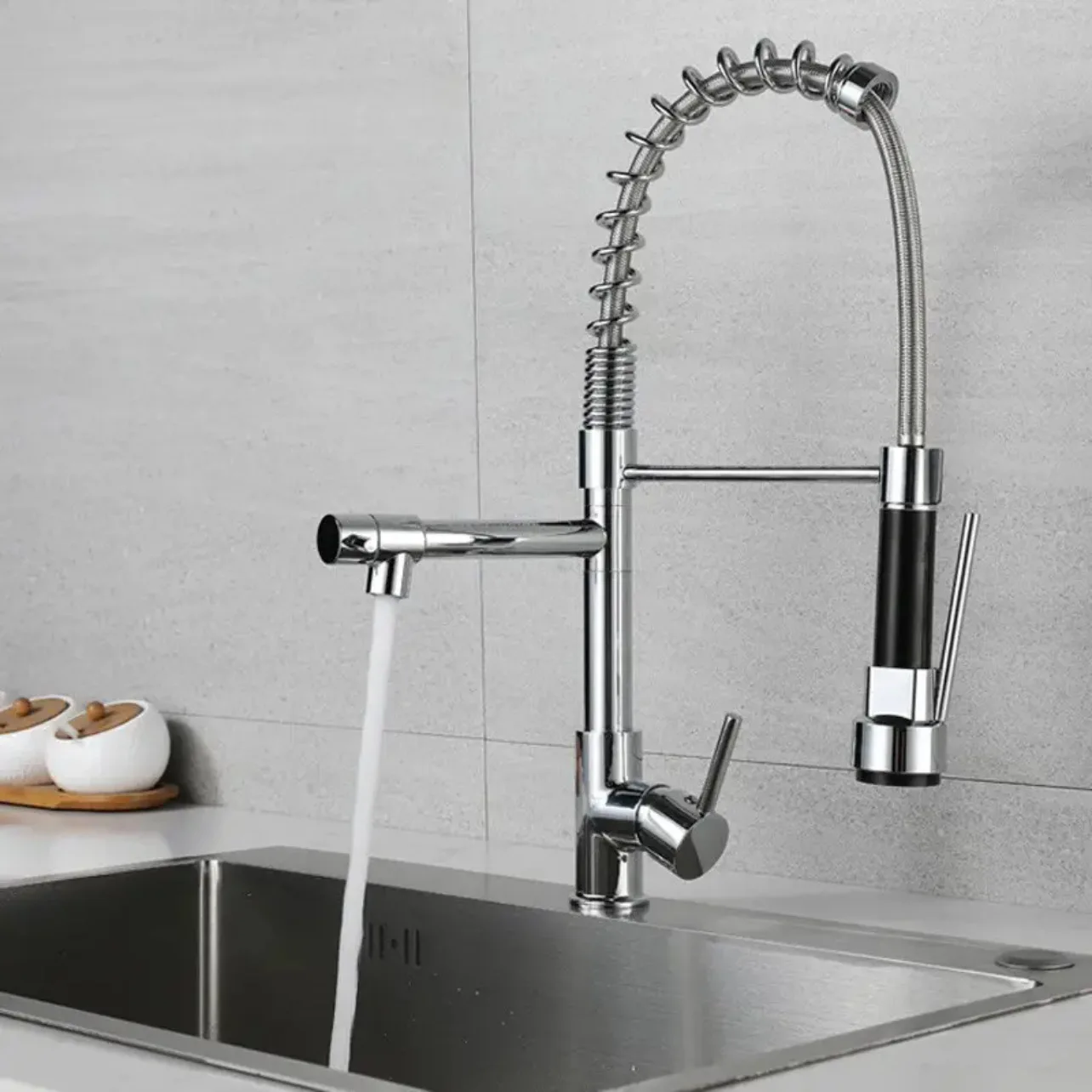 Zwart Geborsteld Lente Pull Down Kitchen Sink Kraan Warm &amp Koud Water Mixer Tap Met Dual Uitloop Deck gemonteerd