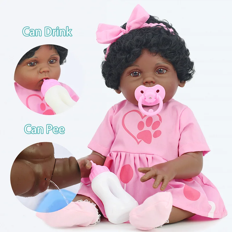

Rebirth Doll Simulation Baby Enamel Black Doll Pink Dress Children's Educational Toy 53cm