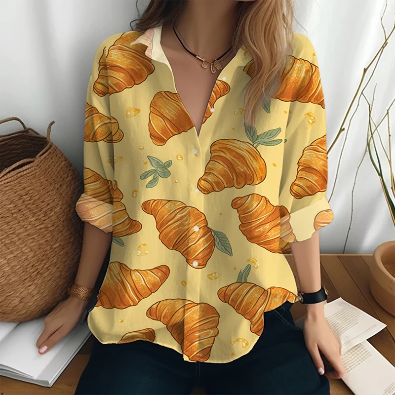 

Funny Croissant 3D Printed Shirt Tops Loose Casual Large Size Long Sleeve Shirt Spring Autumn Women's Shirt Harajuku Style Shirt