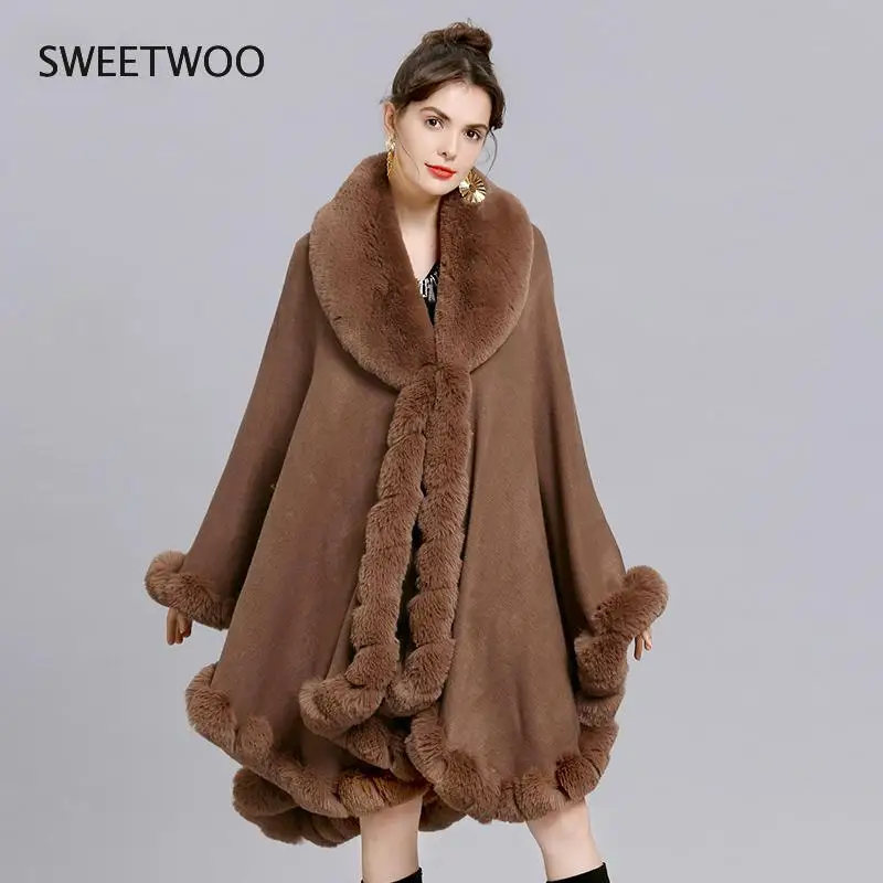 Elegant V Lapel Rex Rabbit Fur Coat Cape Winter Women Big Long Shawl Full Trim Faux Fur Cashmere Cloak Overcoat Parka 2022 New