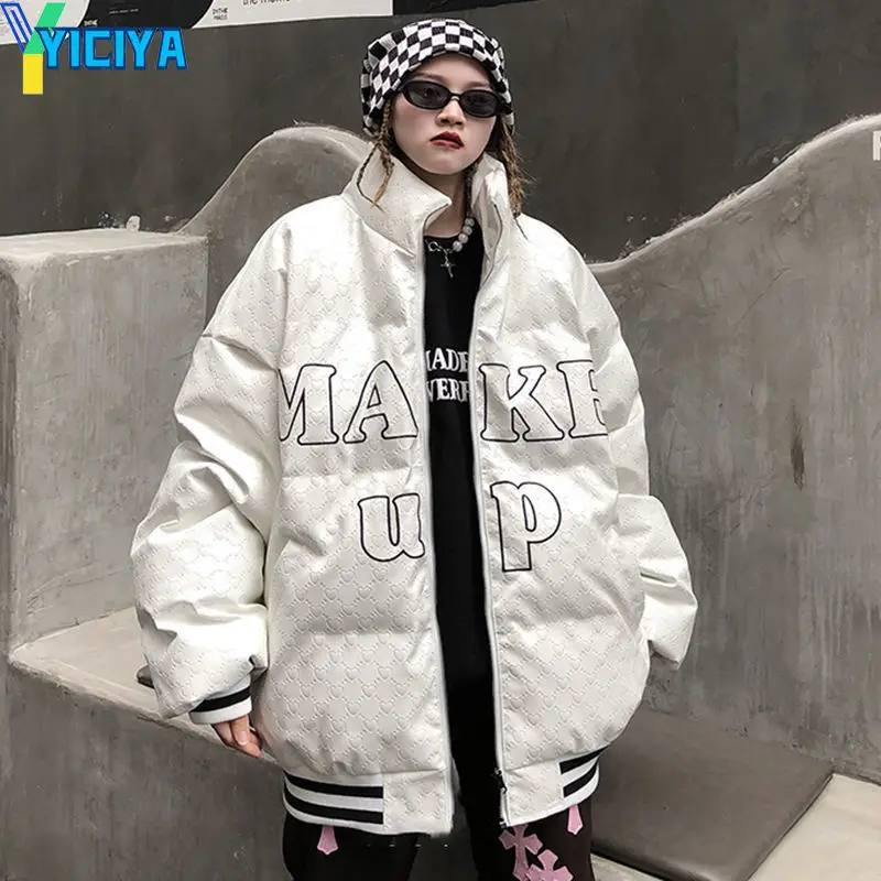 YICIYA Bomber Down Jacket Thicken Women Varsity Leather Jacket American Racing Motorcycle Warm Oversize Jacket Long Sleeves Coat