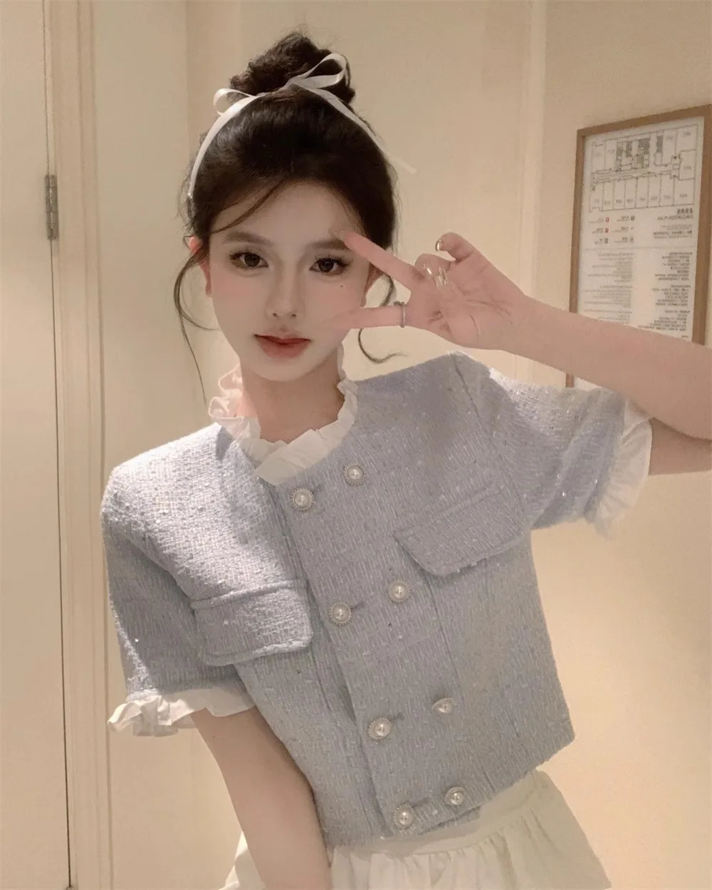 

Cute Ruffle Neck Blue Thin Tweed Short Jacket Double Breasted Pearls Button slim crop top elegant coat korean summer outfit y2k