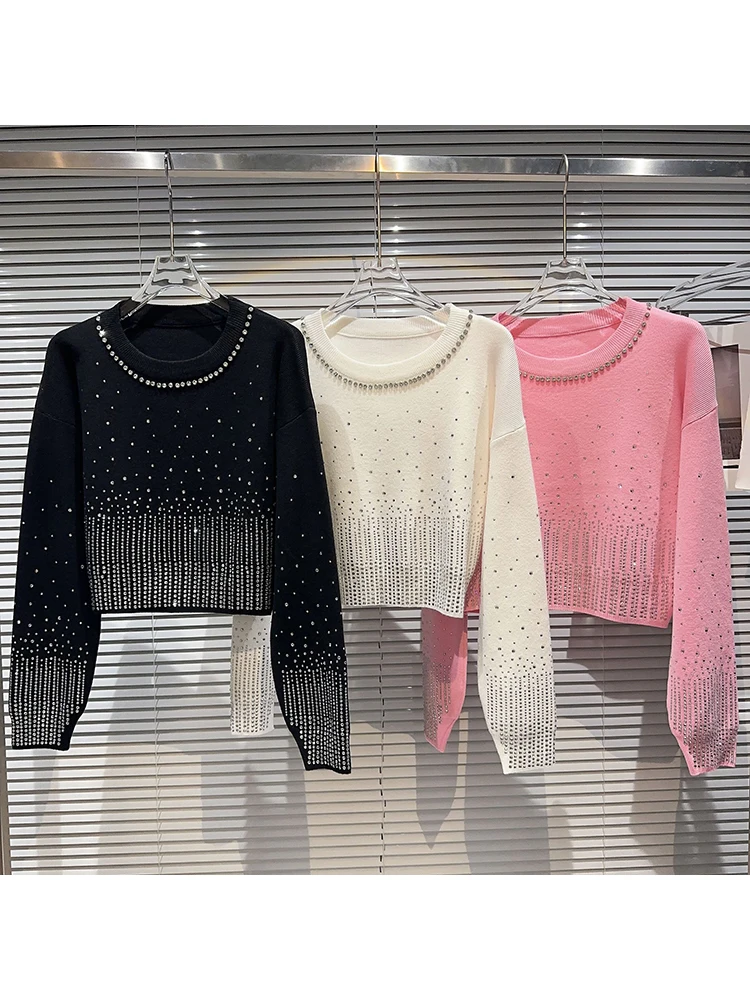 

HIGH STREET Newest 2023 Designer Fashion Women Water Diamond Beaded Neckline Gradient Round Neck Knitted Pullover Sweater