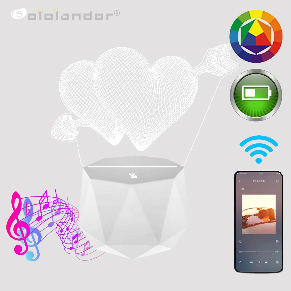

Bluetooth speaker Led Lamps 3D Night Light Valentine's Day Gifts for Home Decoration Usb Battery 3d Illusion Lamp Wedding Souven