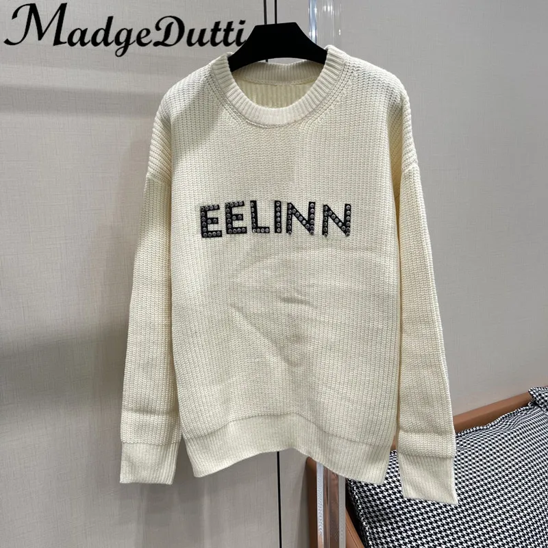 

11.23 MadgeDutti Rivet Letter O-Neck Long Sleeve Loose Cashmere Knitted Pullover Sweater Women