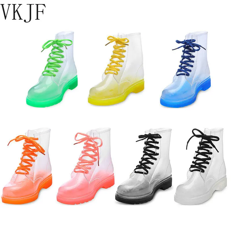 

2022 Fashion Women Rain Boots Mature Ladies Lace-up Waterproof Ladies Shoes Transparent Candy Color Soles Outdoor Girl Shoes