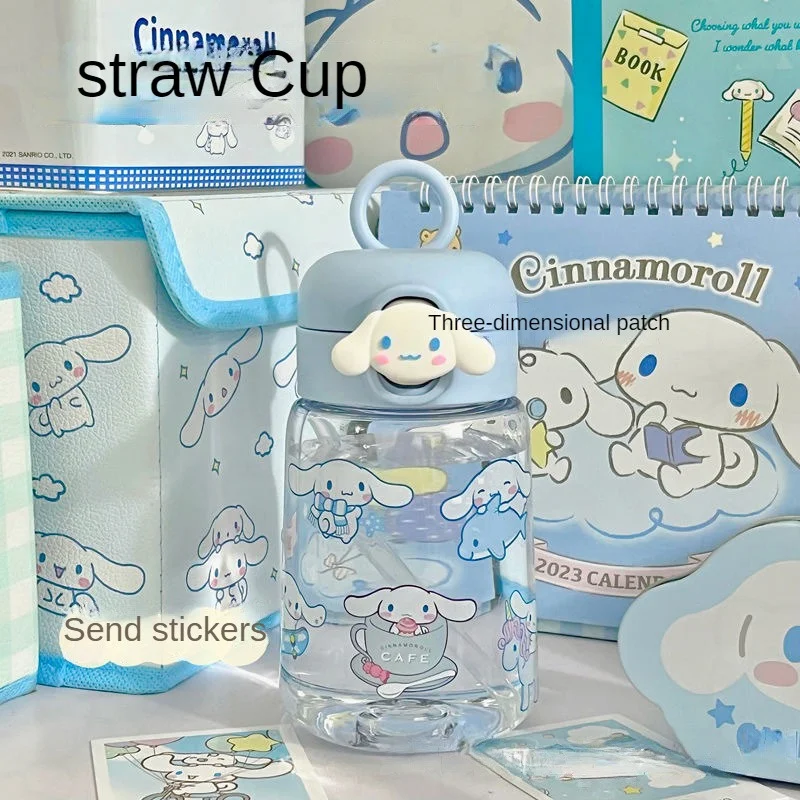400ML Sanrio Kuromi Water Bottle Melody Cinnamoroll Plastic Cartoon Cute Accompanying Straw Cup DIY Stickers Children Gift