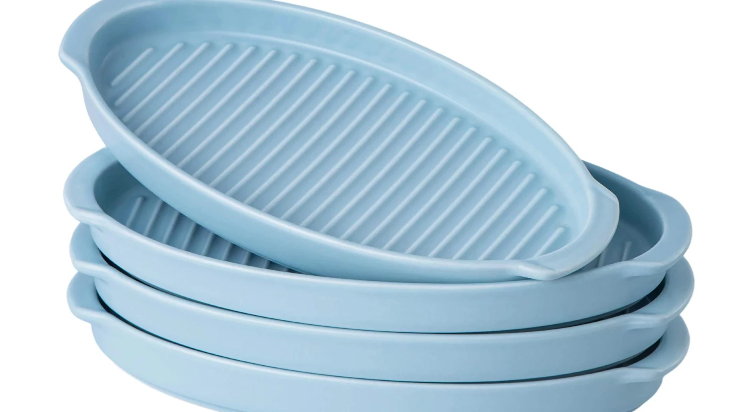 

Set Of 4 Ceramic Matte Glaze Baking Dish 10" Dinner Plates, Oven Safe Roasting Grill Pan with handles Oval Dish, Blue