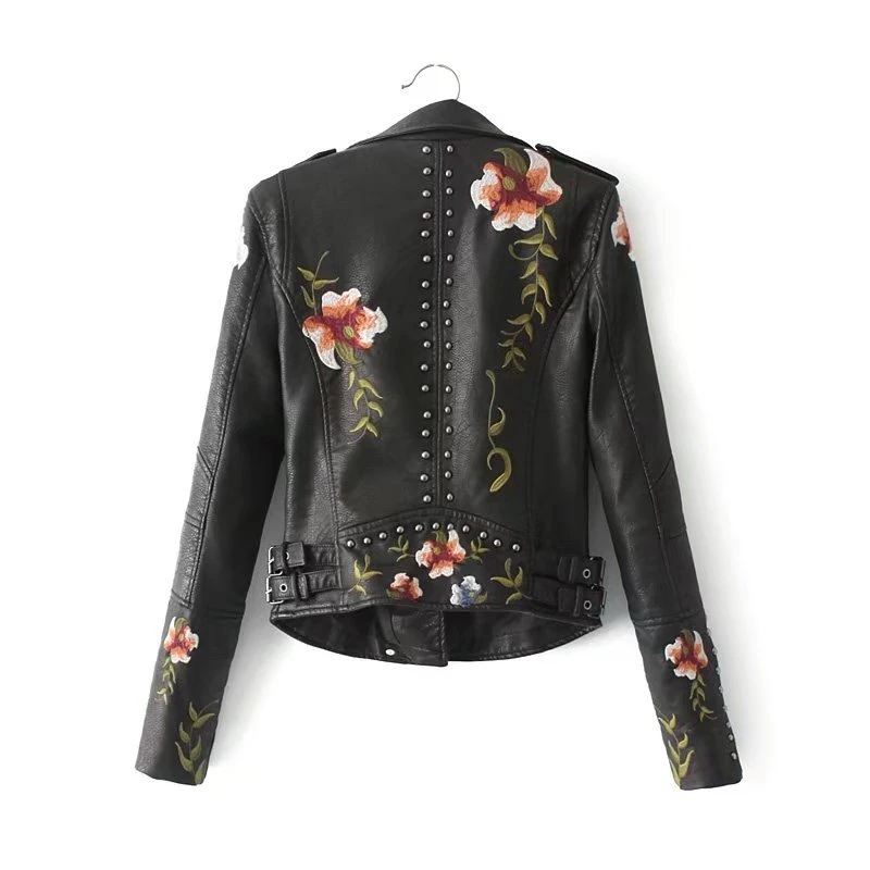 

Women'S Pu Leather Jacket Flower Embroidery Rivet Zipper Long Fur Coat Long Trench Coat Women Winter Jacket For Women