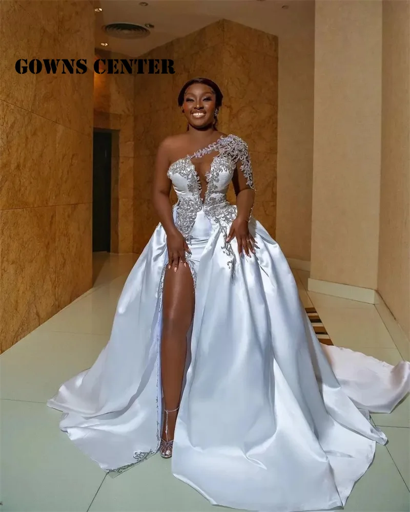 

Plus Size Arabic Aso Ebi Luxurious Beaded Crystals Wedding Dress Lace Mermaid Satin Bridal Gowns Dresses Custom Made