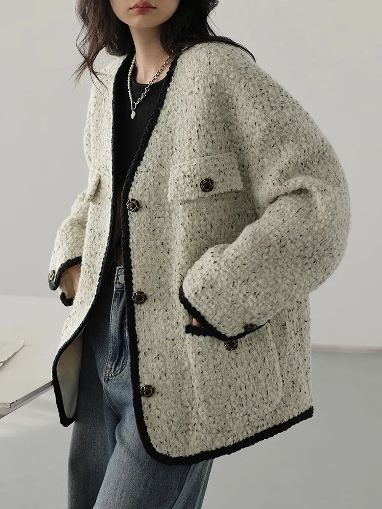 

Zoki Harajuku Y2K Tweed Jacket Women Vintage Preppy Style Loose Coat Korean Fall Winter Lady Long Sleeve V Neck Design Outwear