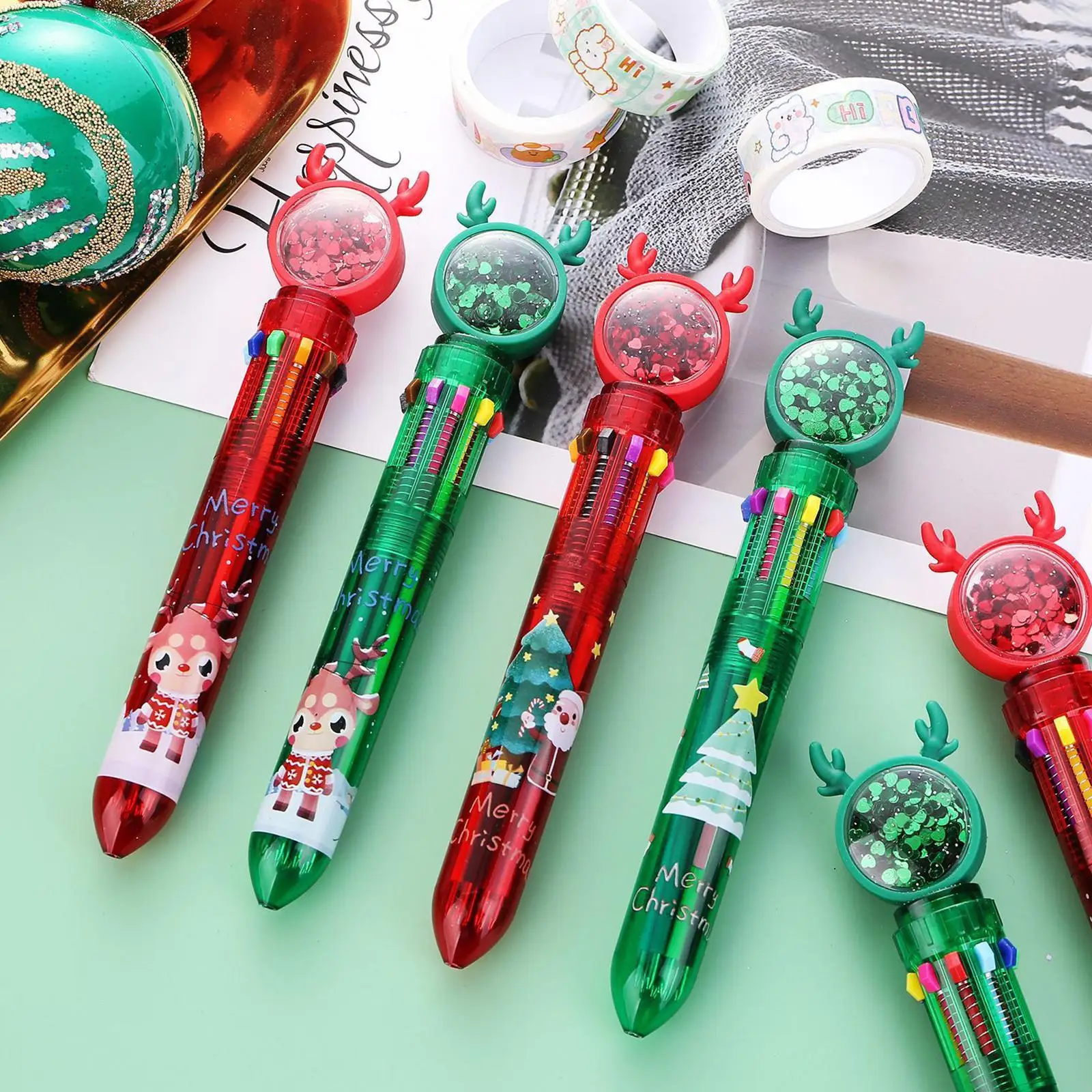 

16pcs/lot Cute Christmas 10 Color Ballpoint Pen Sequin Xmas Retractable School Gift Tree Pen Elk Multi-color Stationery Off S1a5