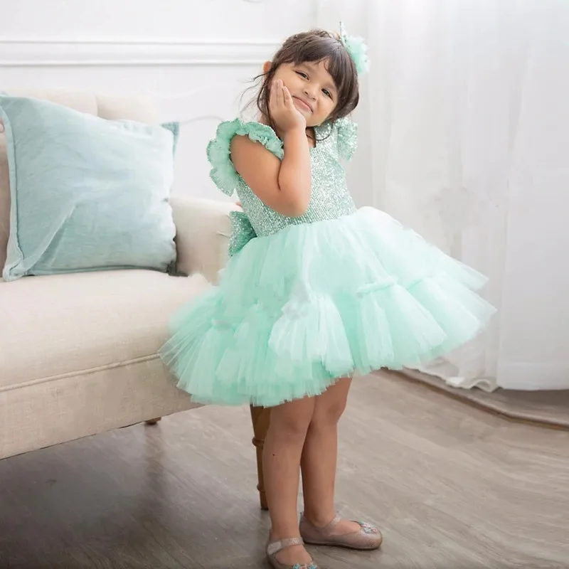 Mint Green Glitter Toddler Tutu Flower Girl Dresses Bow Fashion Puffy Tulle Birthday Costumes Gown Customised