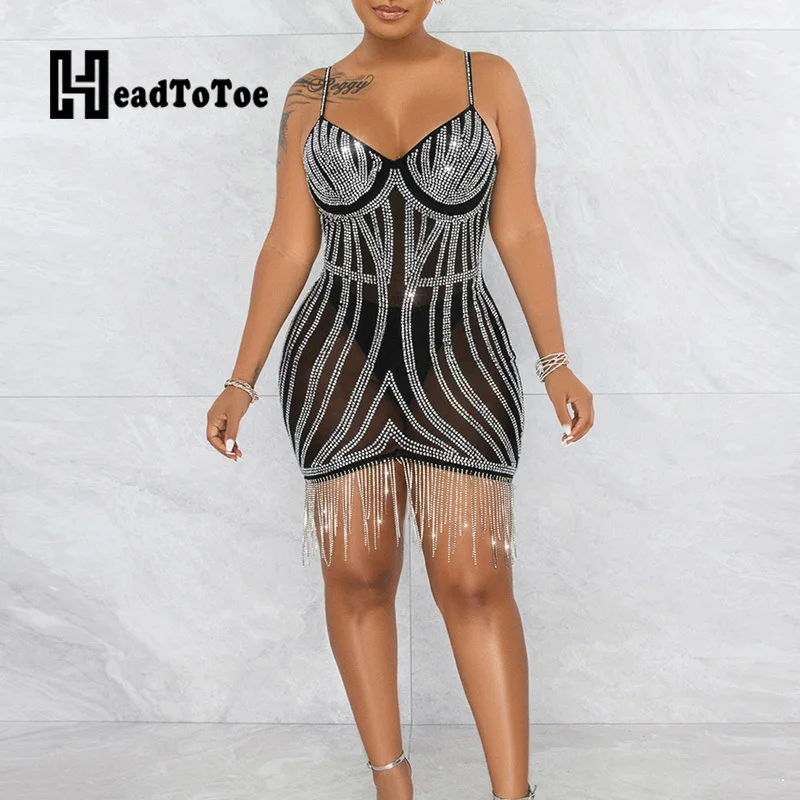 

Сексуальное прозрачное Сетчатое платье с бахромой, облегающее платье с шипами, женское облегающее вечернее платье на бретелях-спагетти