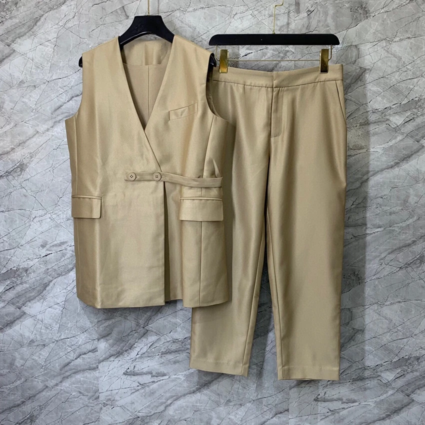 

2023 new women's fashion suit side belt medium and long slim vest + nine-point pants 2-piece set 0528
