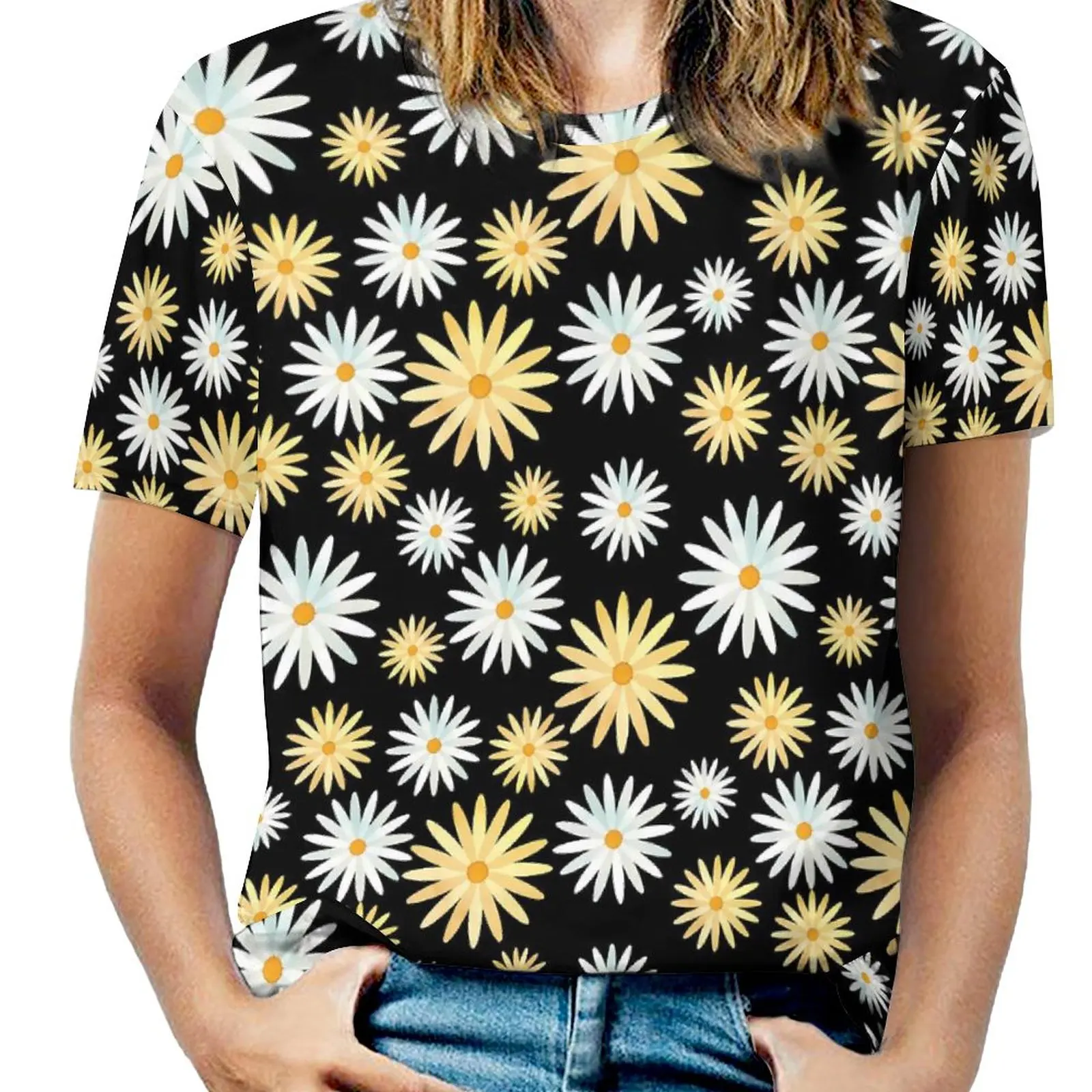

April Daisy Print T Shirt Watercolor Floral Harajuku T Shirts Short Sleeves Casual Tee Shirt Summer Custom Tops Big Size 4XL 5XL